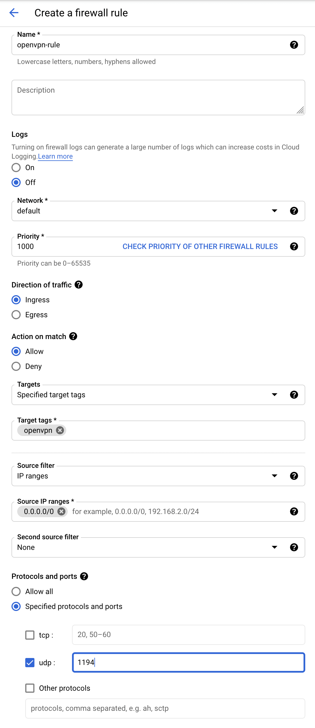 Screenshot of firewall setup