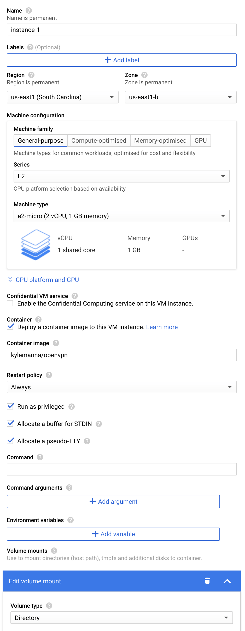 Screenshot of VM setup - part 1