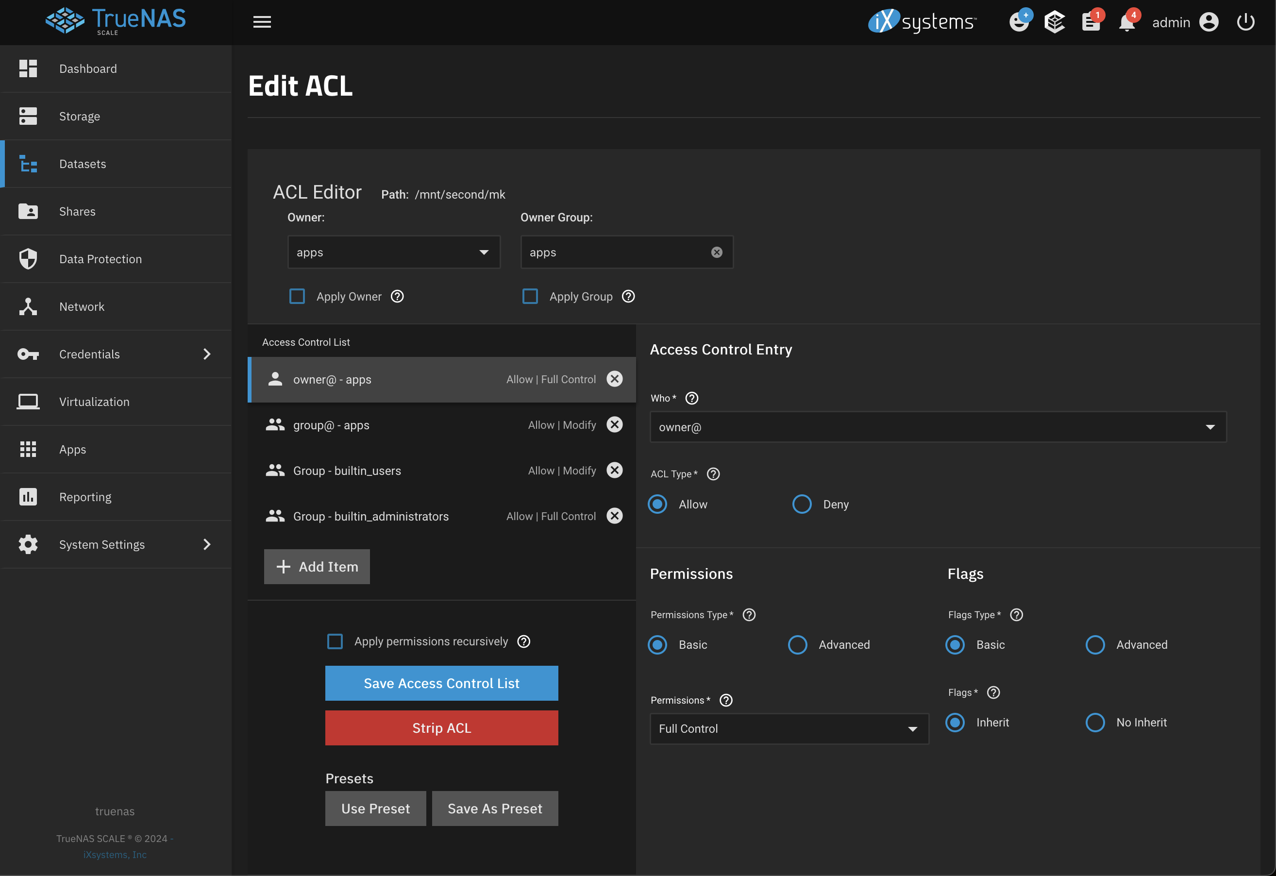 Edit ACL page showing settings afterwards