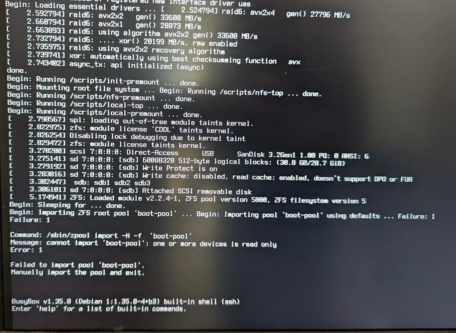 Photo of terminal output with failed boot